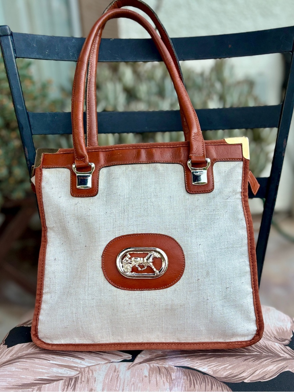Vintage 70s Equestrian Canvas Tote Bag Horse Carriage Emblem Two Tone